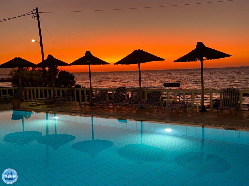 Enjoy the beautiful sunsets from the terrace of Zorbas Island. Have a home cooked meal and enjoy the scenery with all the different colors in the sky.